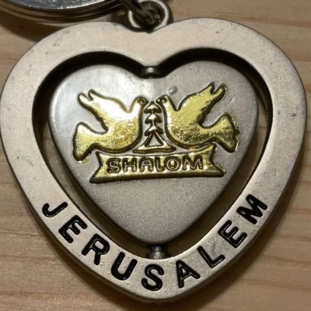 Jerusalem Shalom Heart Keychain With Doves Design Silver & Gold Tones